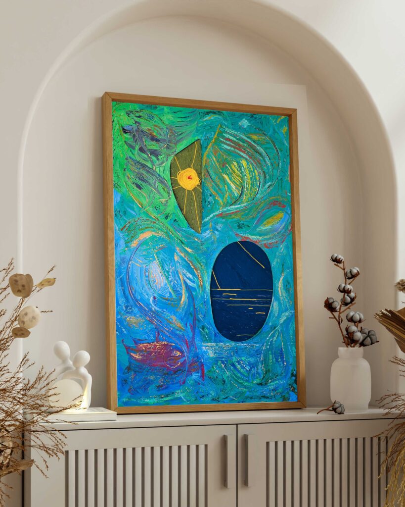 Beyond the Naked Eye, abstract Arabic calligraphy painting in mixed media on canvas by Wawi Abdel Kader, 73 x 116 cm, 2025