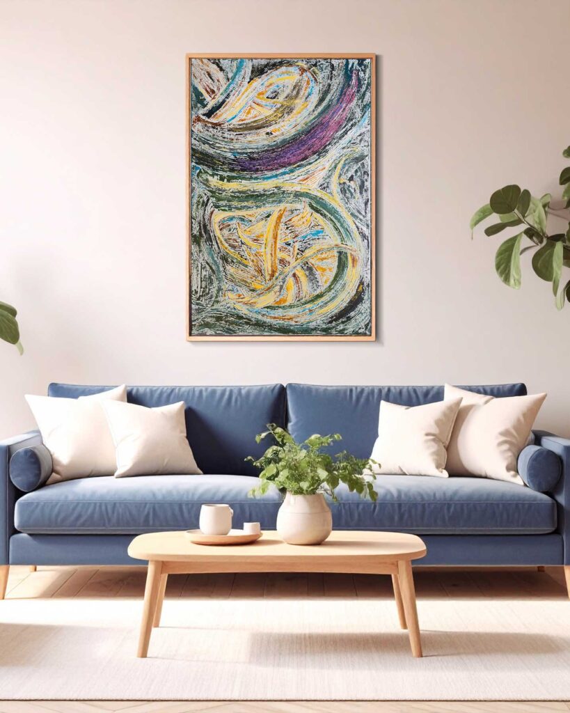 Outer World, abstract Arabic calligraphy painting in acrylic on canvas by Wawi Abdel Kader, view 2