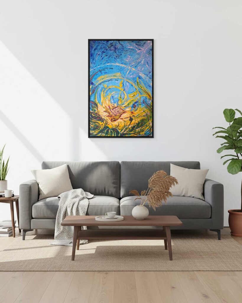 Yellow Love, abstract Arabic calligraphy painting in acrylic on canvas by Wawi Abdel Kader, from the Sunflower series, view 4