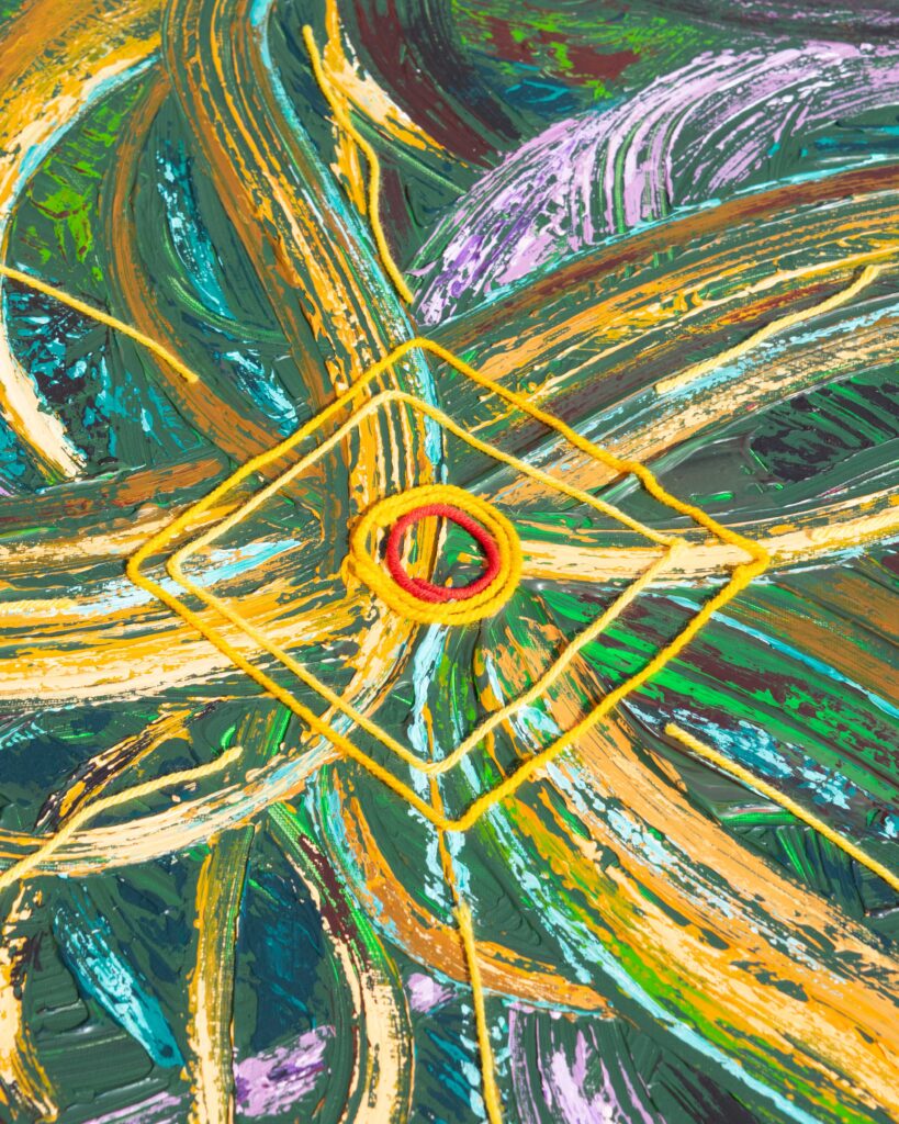 Threads of Hope, abstract Arabic calligraphy painting in acrylic on canvas by Wawi Abdel Kader, view 4