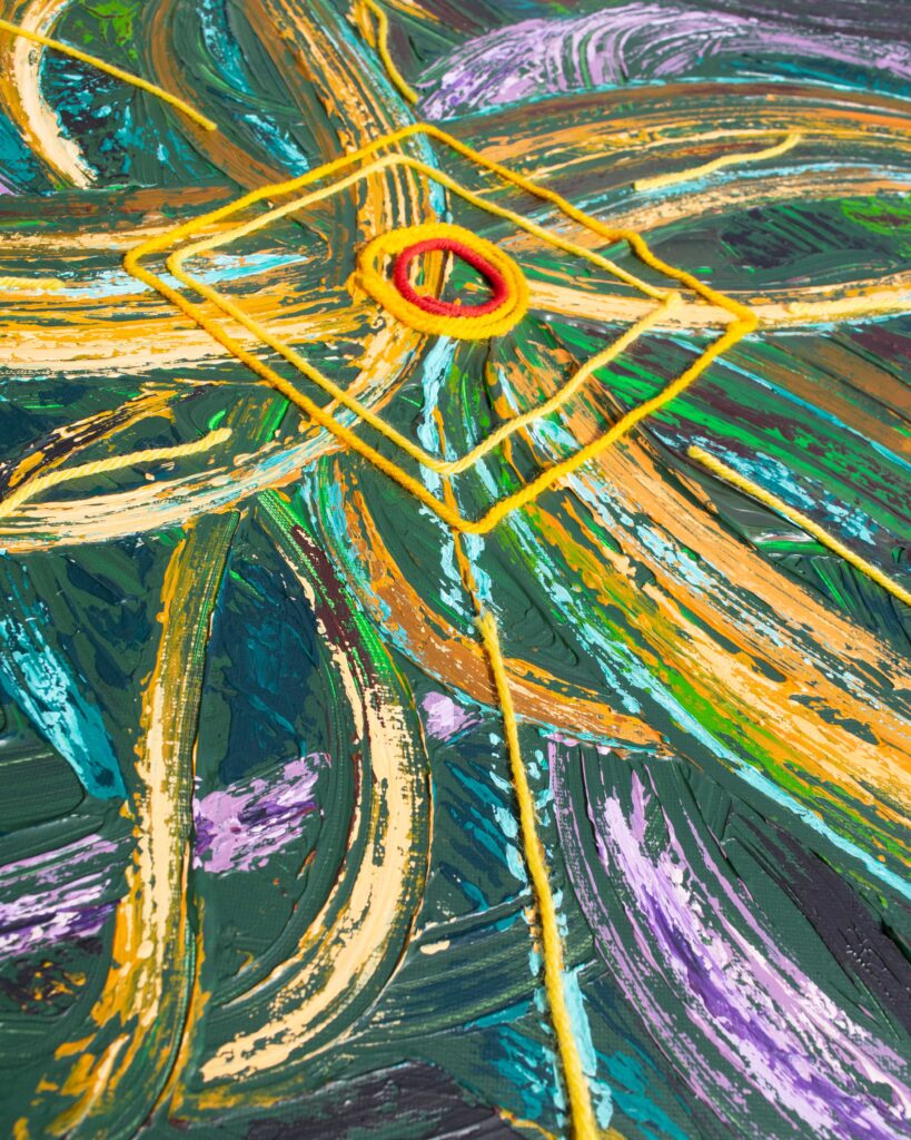 Threads of Hope, abstract Arabic calligraphy painting in acrylic on canvas by Wawi Abdel Kader, view 5