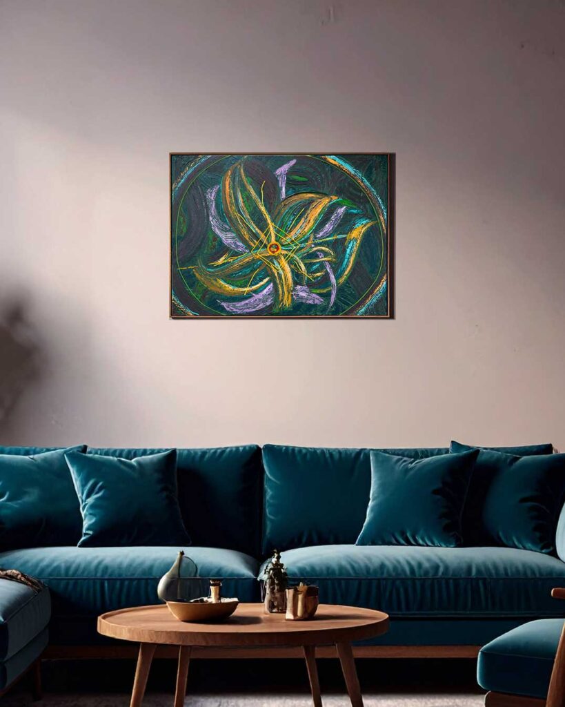 Threads of Hope, abstract Arabic calligraphy painting in acrylic on canvas by Wawi Abdel Kader, view 3