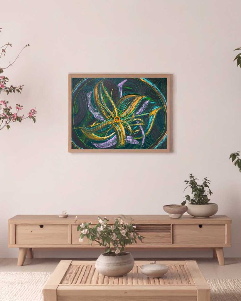 Threads of Hope, abstract Arabic calligraphy painting in acrylic on canvas by Wawi Abdel Kader, view 2