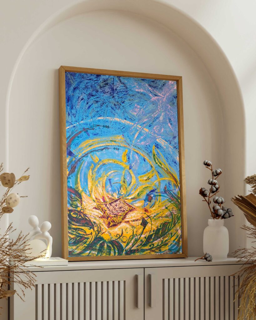 Yellow Love, abstract Arabic calligraphy painting in acrylic on canvas by Wawi Abdel Kader, from the Sunflower series, view 3
